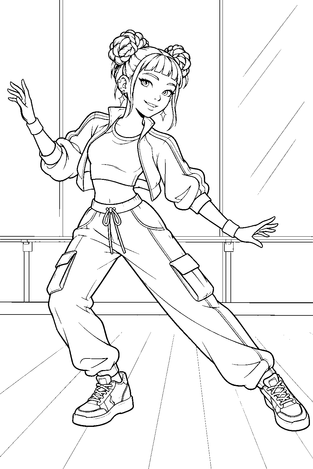 kpop demon hunters zoey practicing a side step in the studio line art