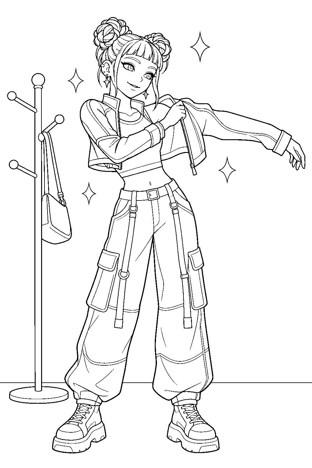 kpop demon hunters zoey putting on her stage jacket line art