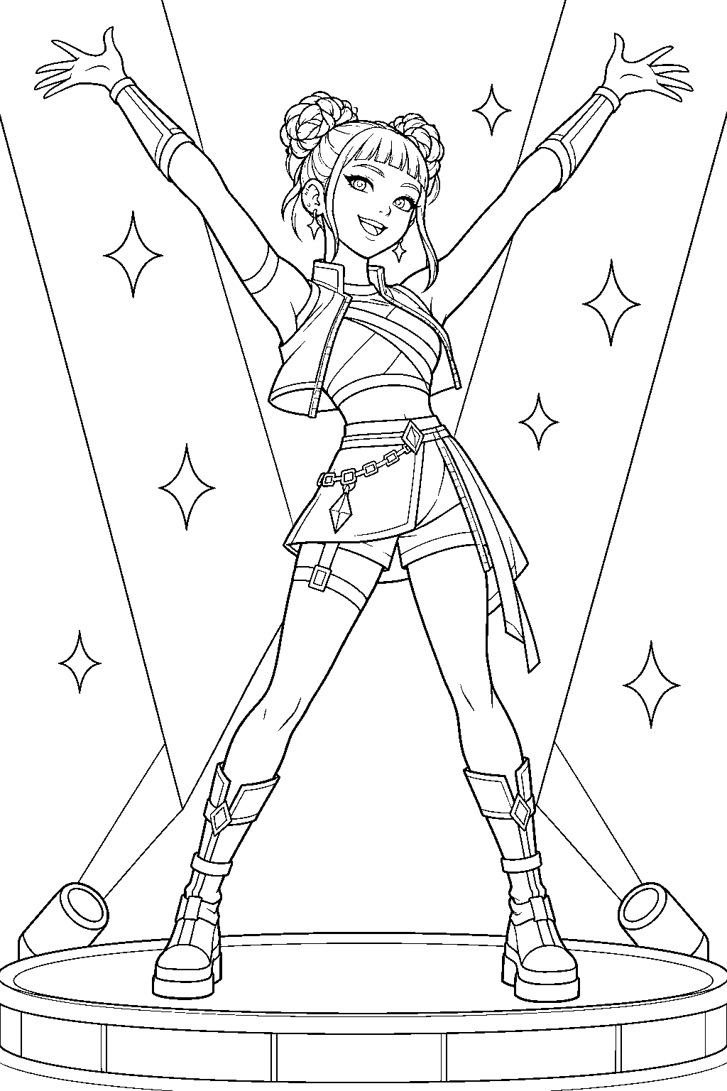 kpop demon hunters zoey raising her arms during golden line art