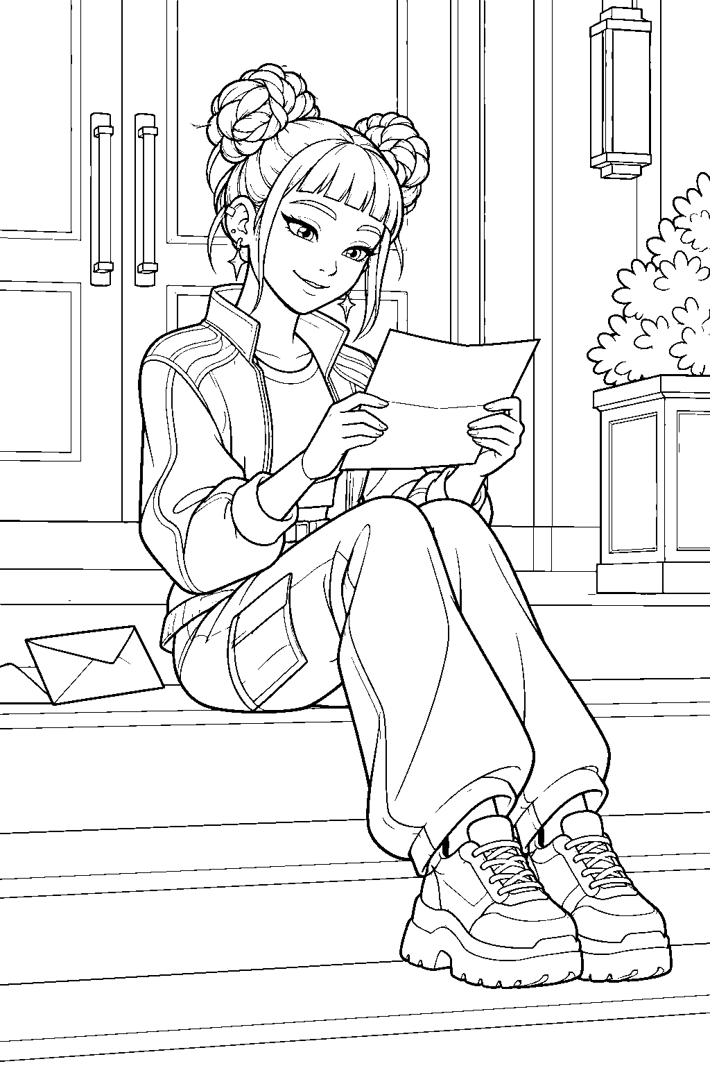 kpop demon hunters zoey reading a fan letter on hotel steps line art