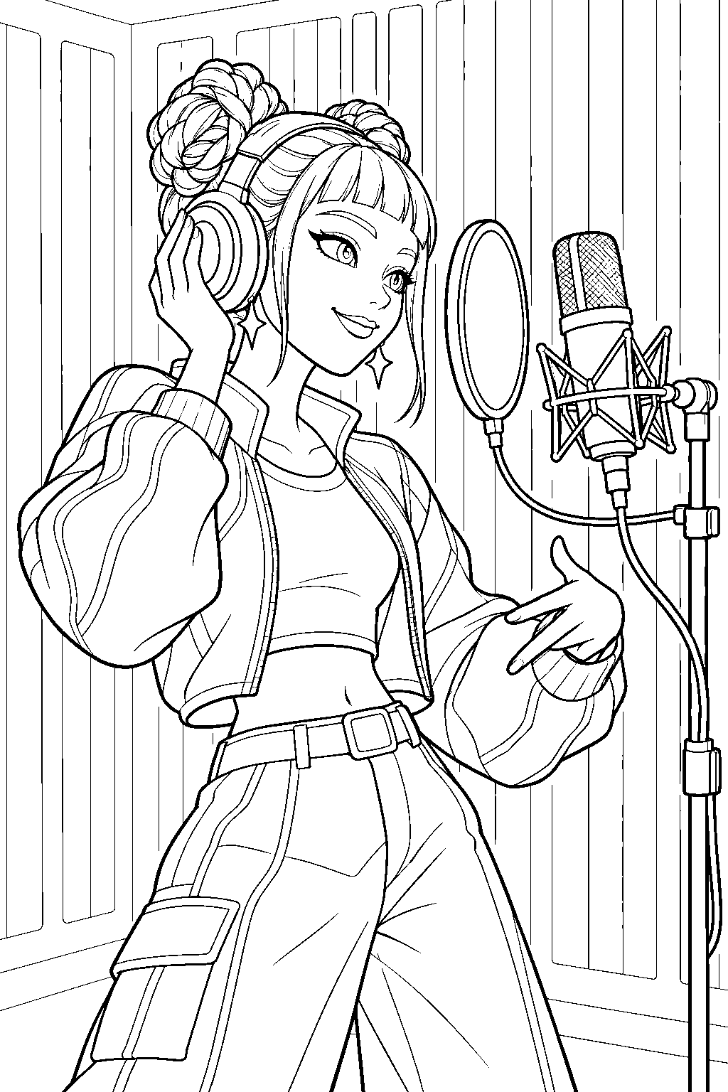 kpop demon hunters zoey recording rap in a studio line art