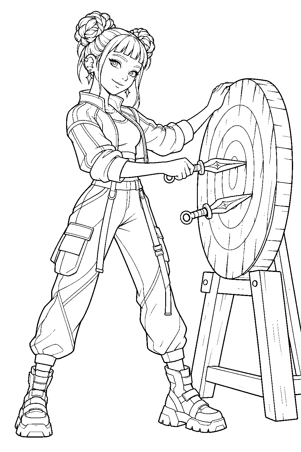 kpop demon hunters zoey retrieving daggers from a target line art