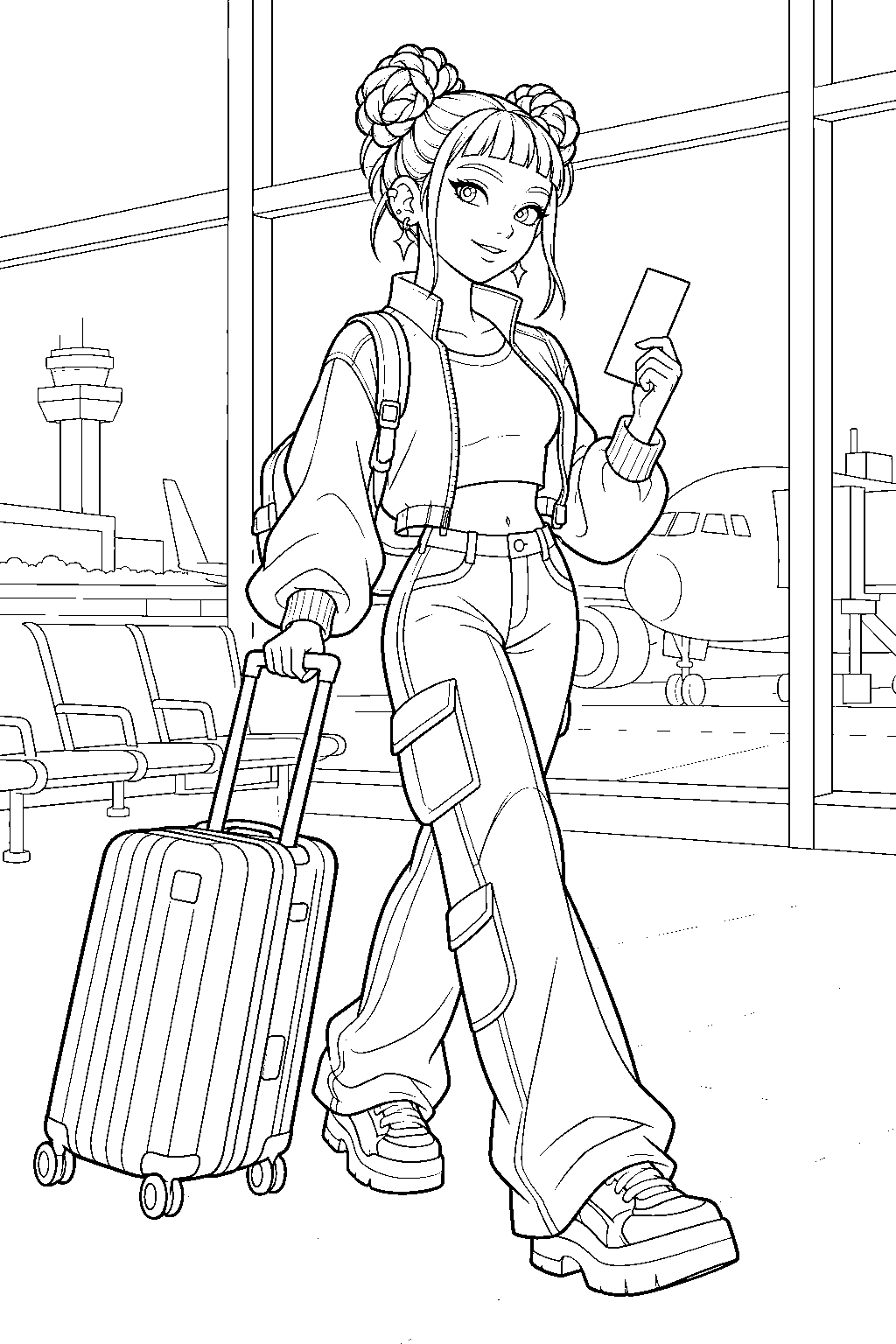 kpop demon hunters zoey rolling a suitcase at the airport line art