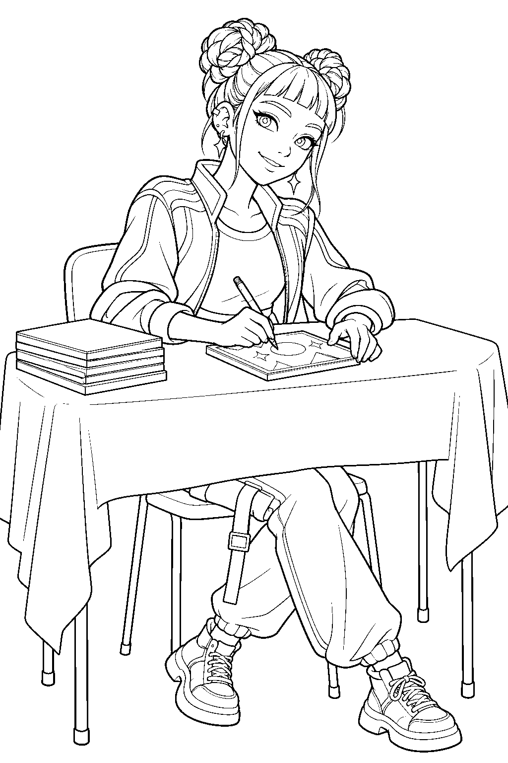 kpop demon hunters zoey signing an album at a fan event line art