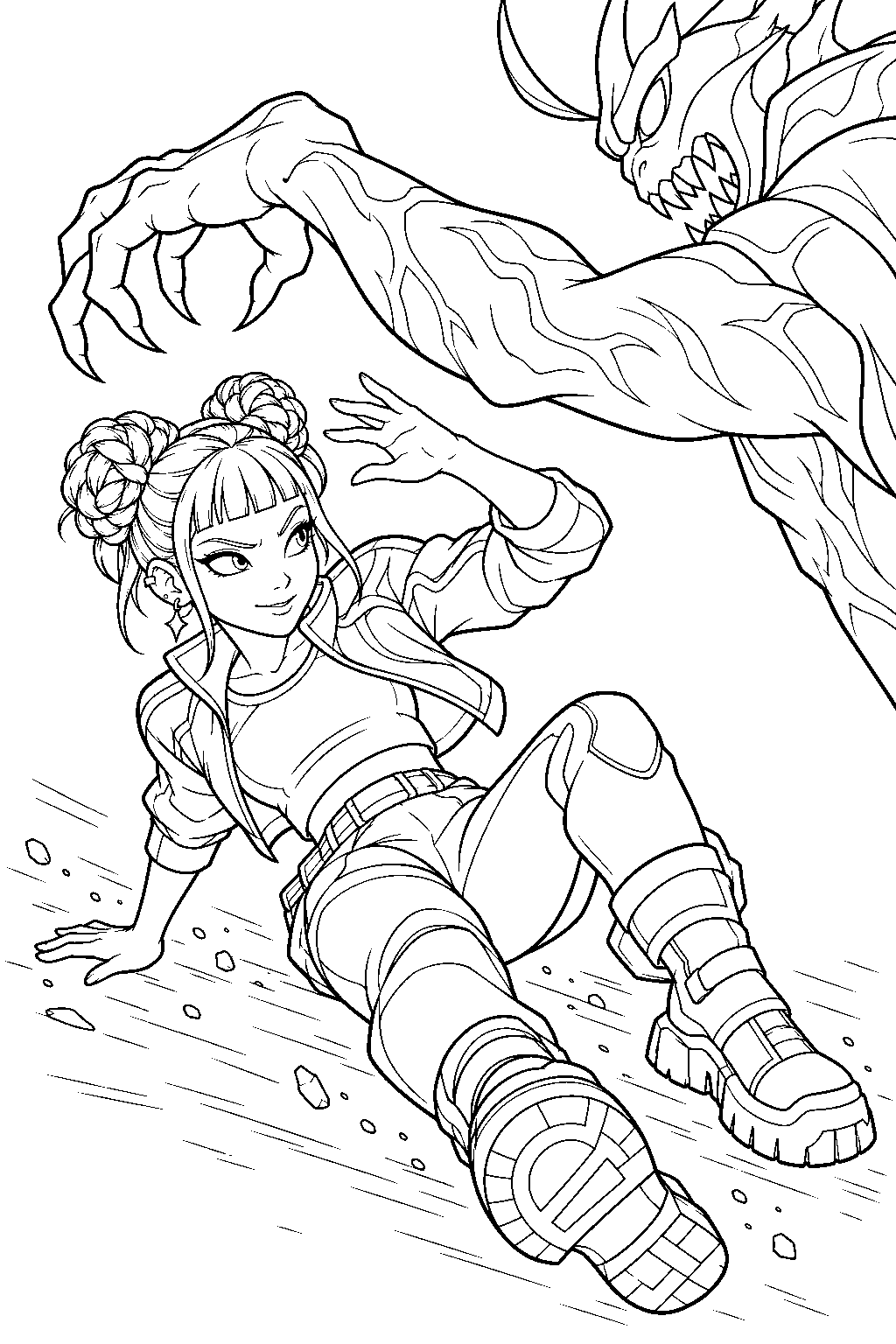 kpop demon hunters zoey sliding under a demon attack line art