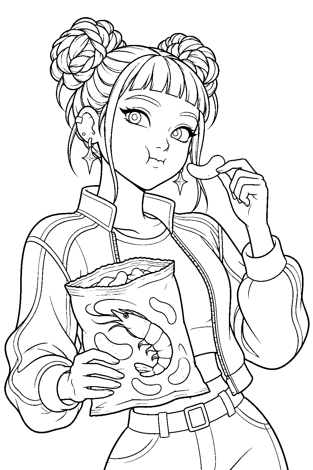 kpop demon hunters zoey snacking on spicy shrimp chips line art
