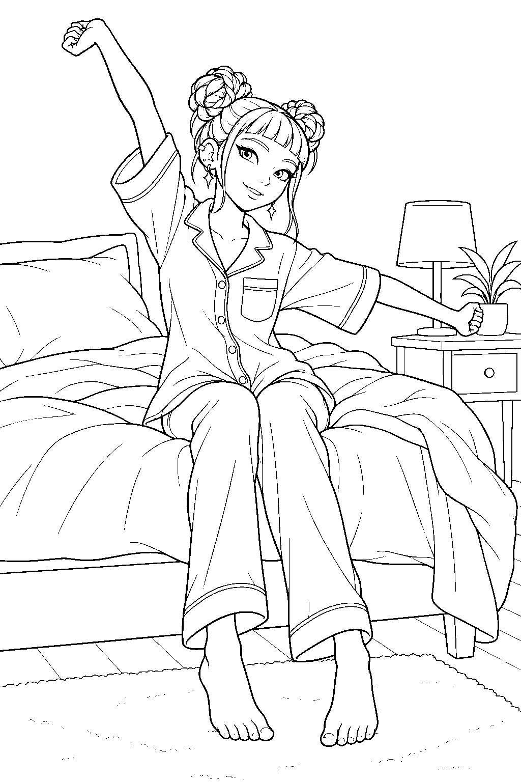 kpop demon hunters zoey stretching in bed in her pajamas line art