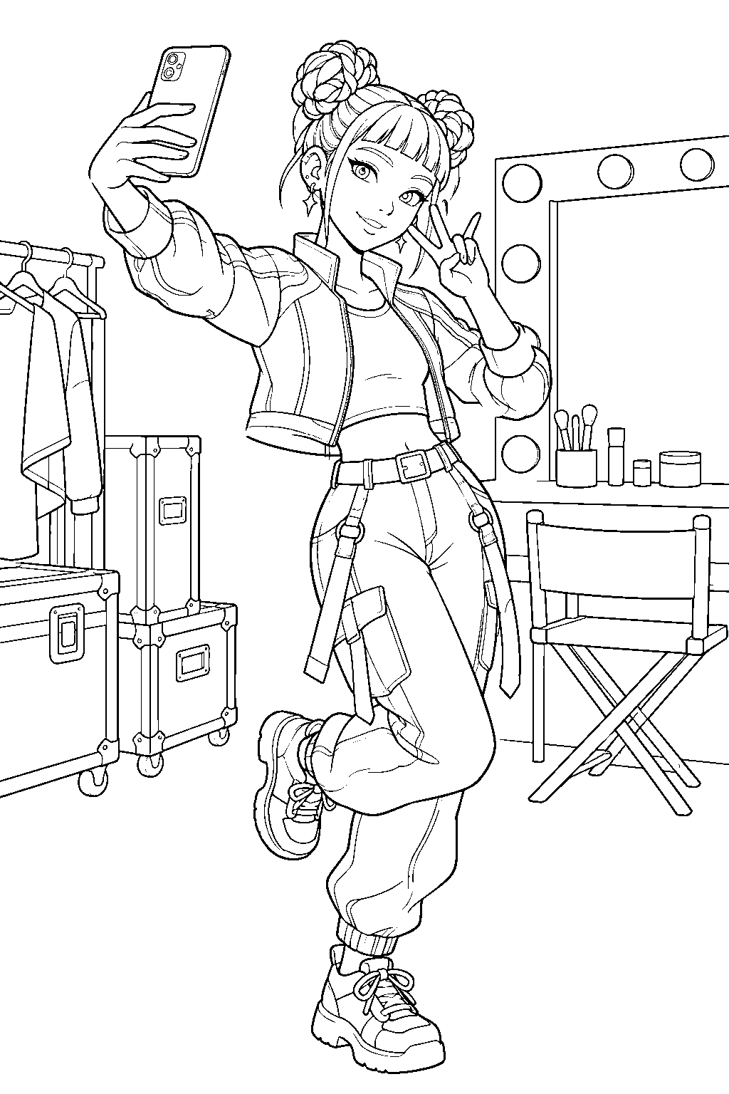 kpop demon hunters zoey taking a selfie backstage line art