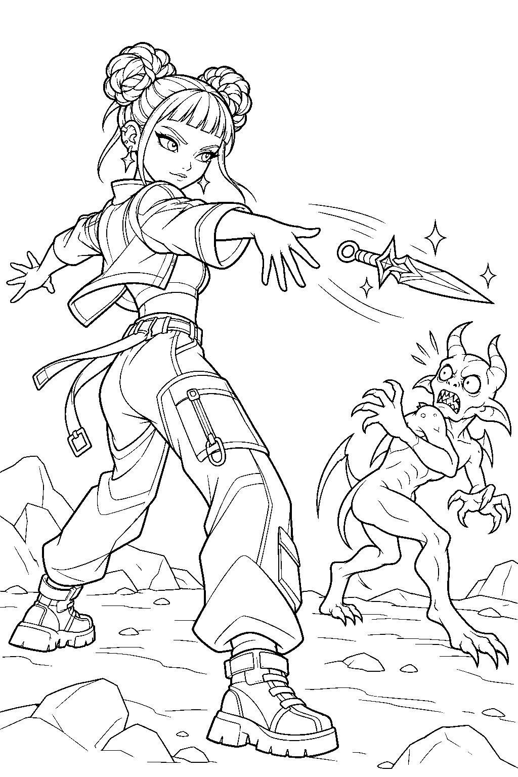 kpop demon hunters zoey throwing a dagger at a demon line art