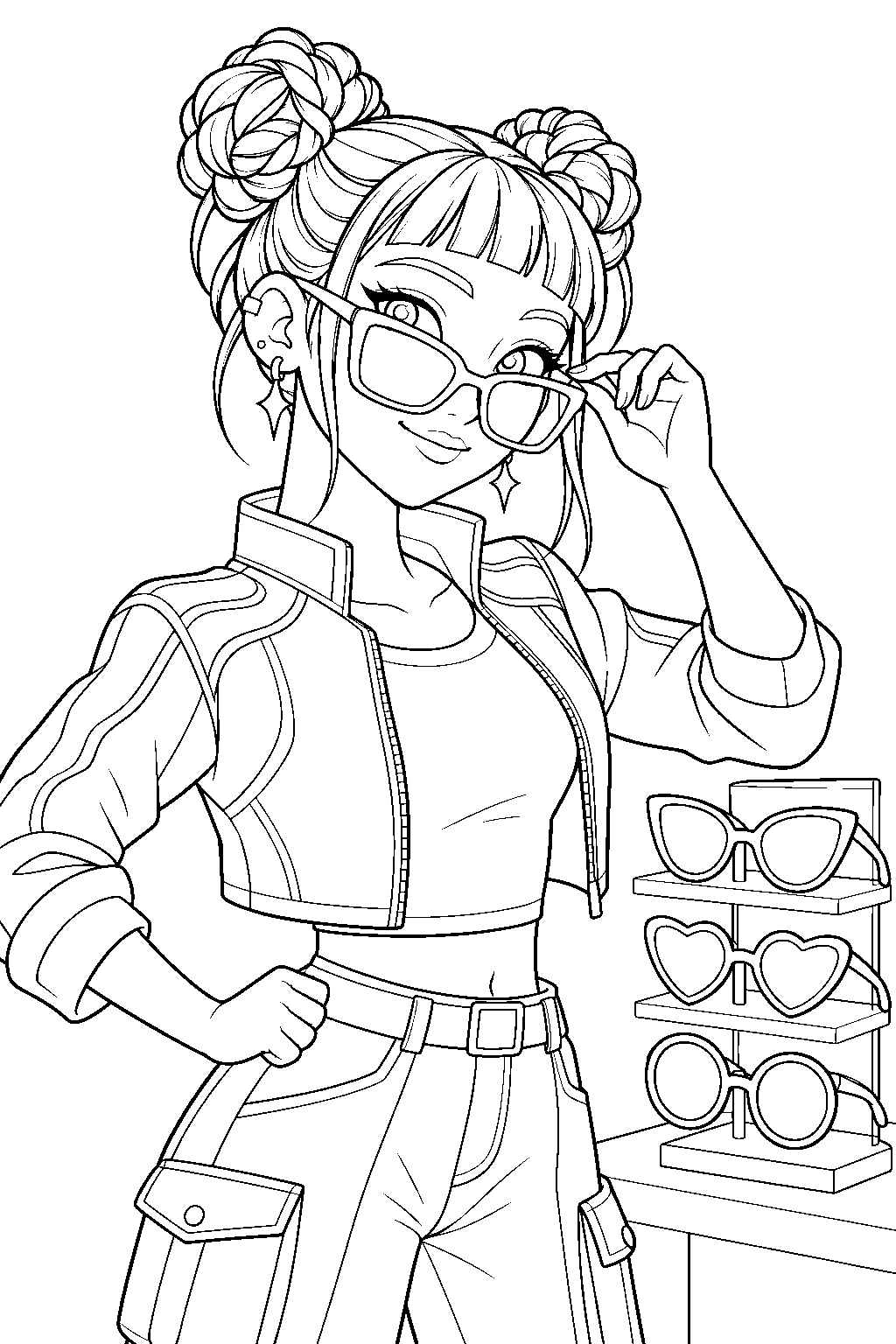 kpop demon hunters zoey trying on sunglasses at a shop line art