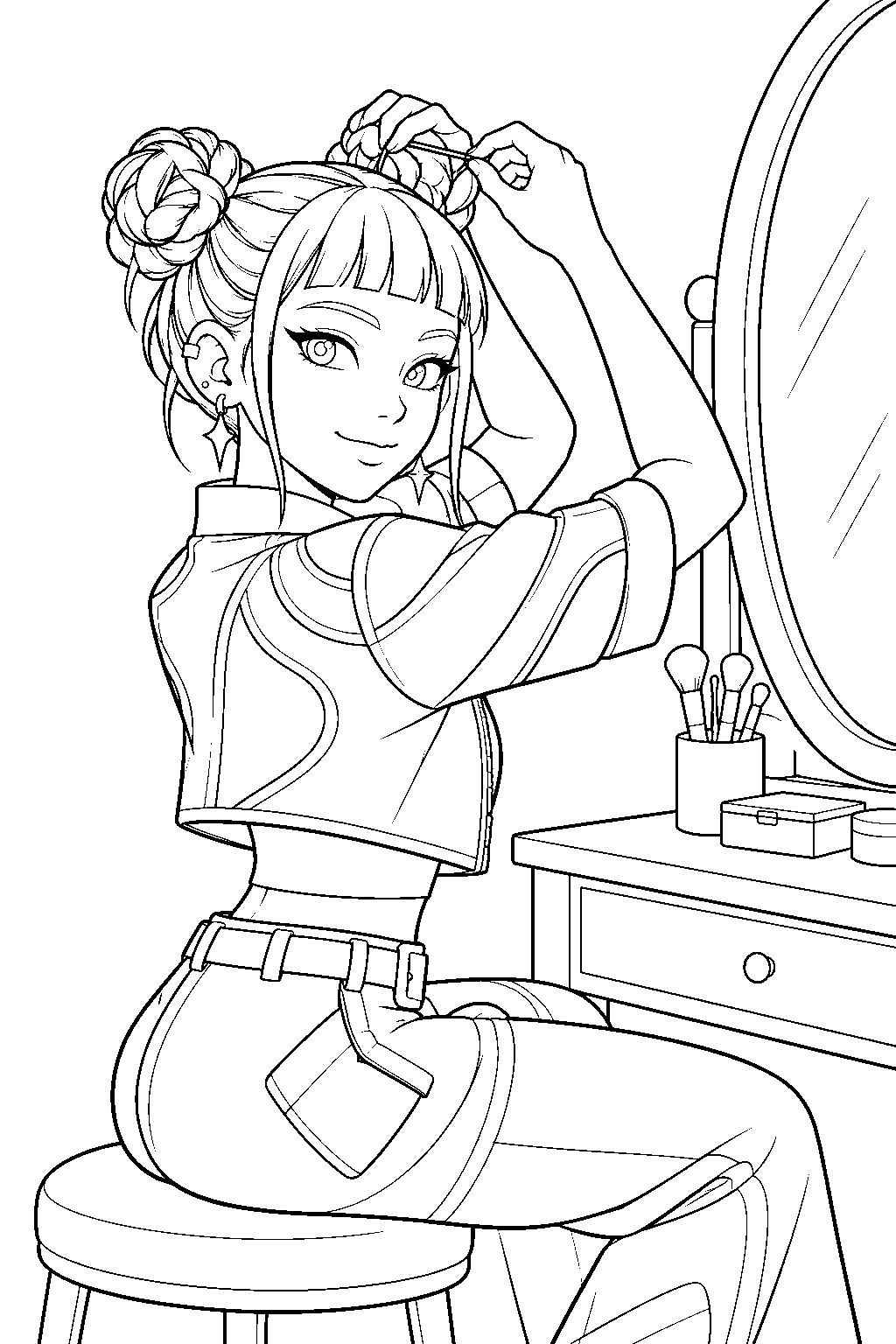 kpop demon hunters zoey tying her hair in twin buns line art