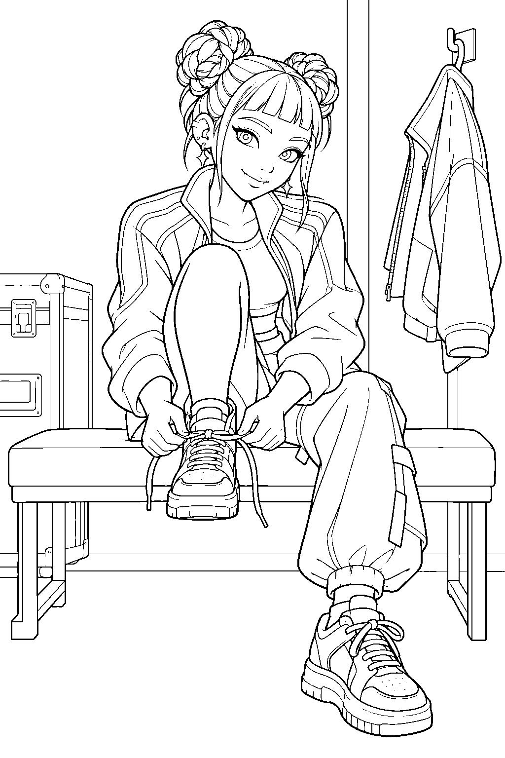 kpop demon hunters zoey tying her sneakers backstage line art