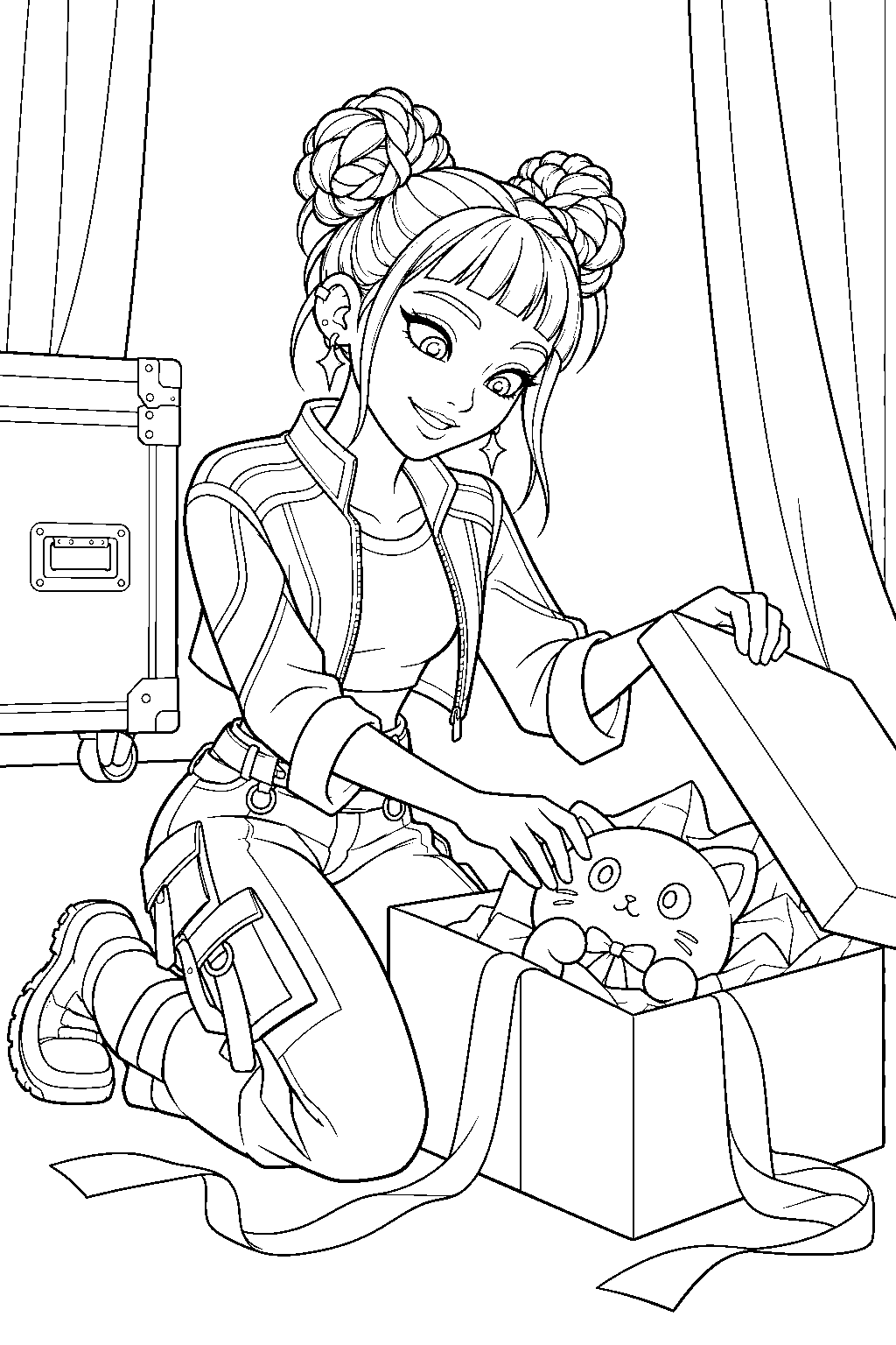 kpop demon hunters zoey unpacking a gift box backstage line art