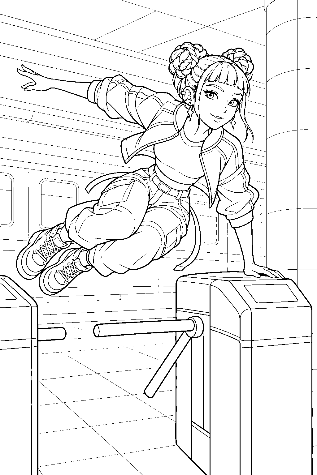 kpop demon hunters zoey vaulting over a subway turnstile line art