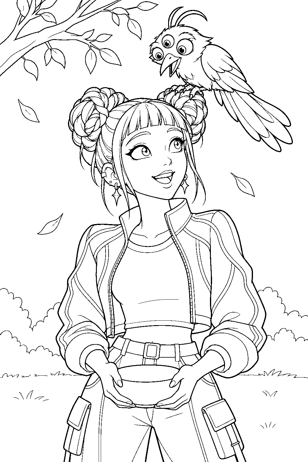 kpop demon hunters zoey watching sussie land on her head line art