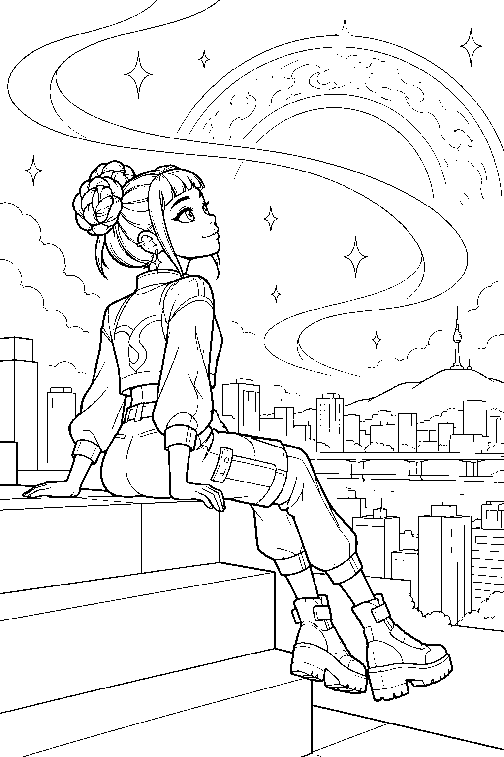 kpop demon hunters zoey watching the honmoon above seoul line art