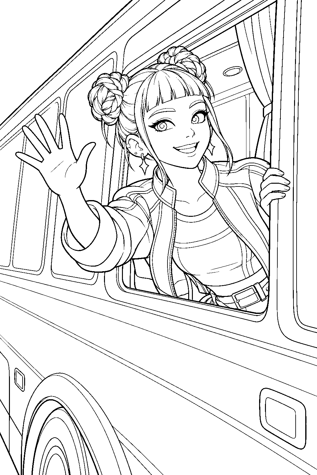 kpop demon hunters zoey waving to fans from the tour bus line art