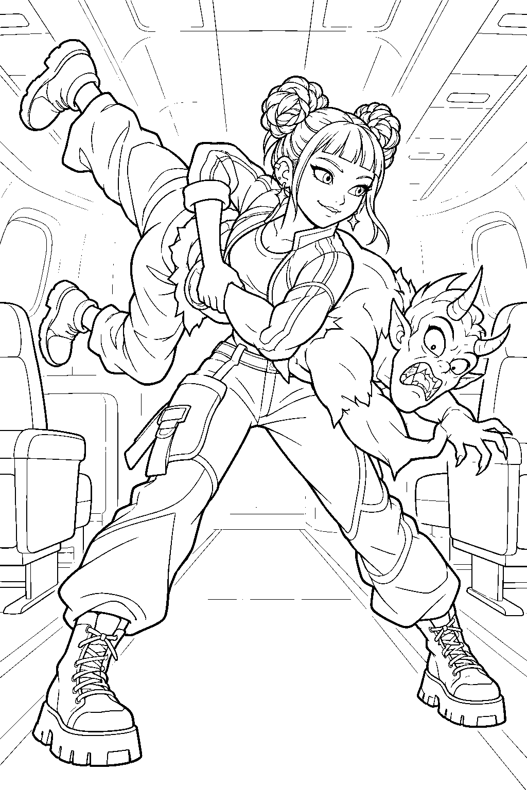 kpop demon hunters zoey wrestling a demon on the plane line art