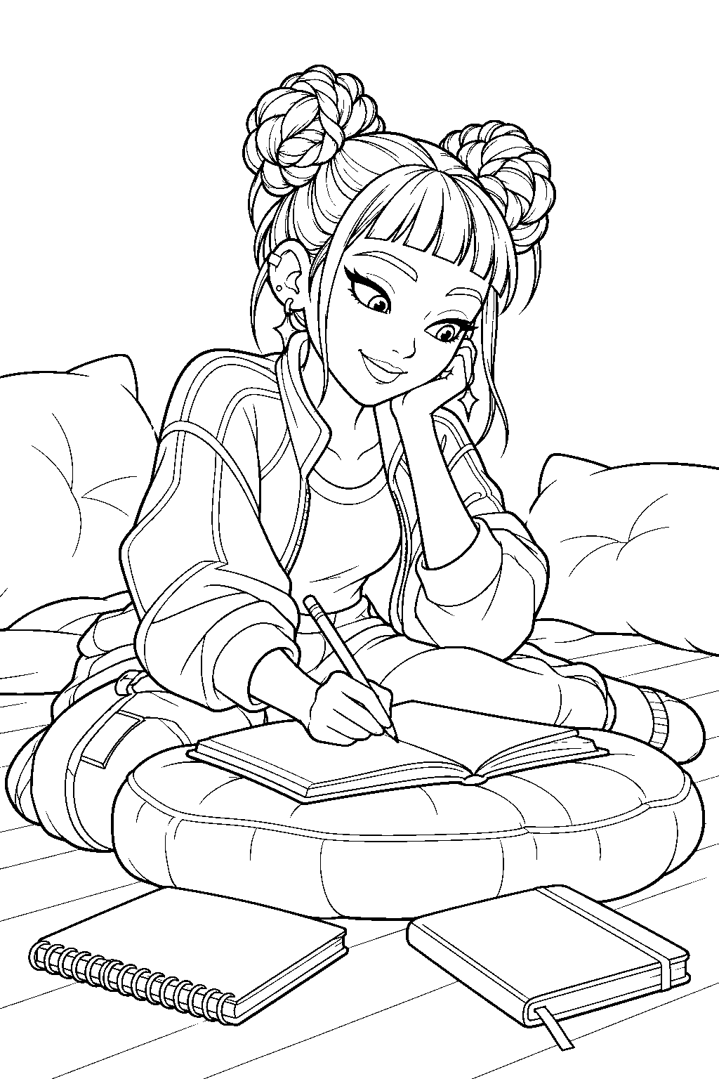 kpop demon hunters zoey writing lyrics on the floor line art
