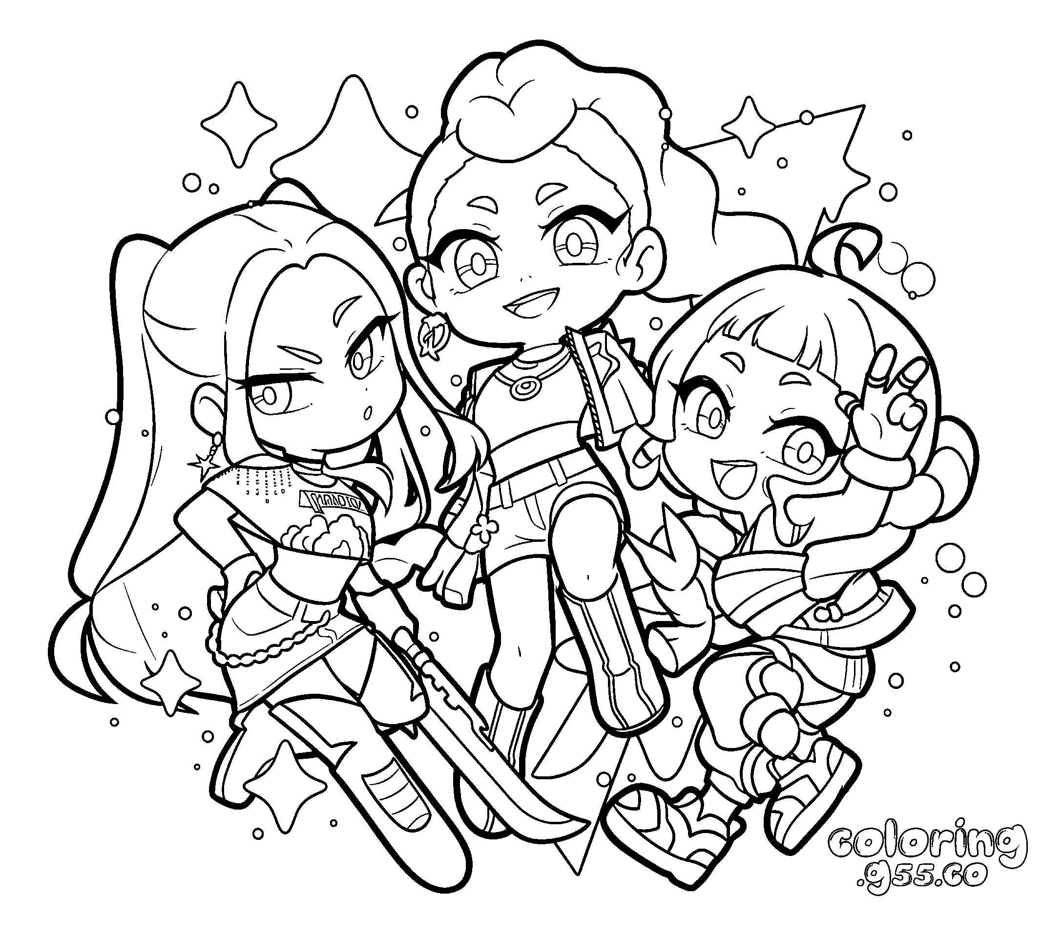 k pop demon hunters chibi action trio line art for kids