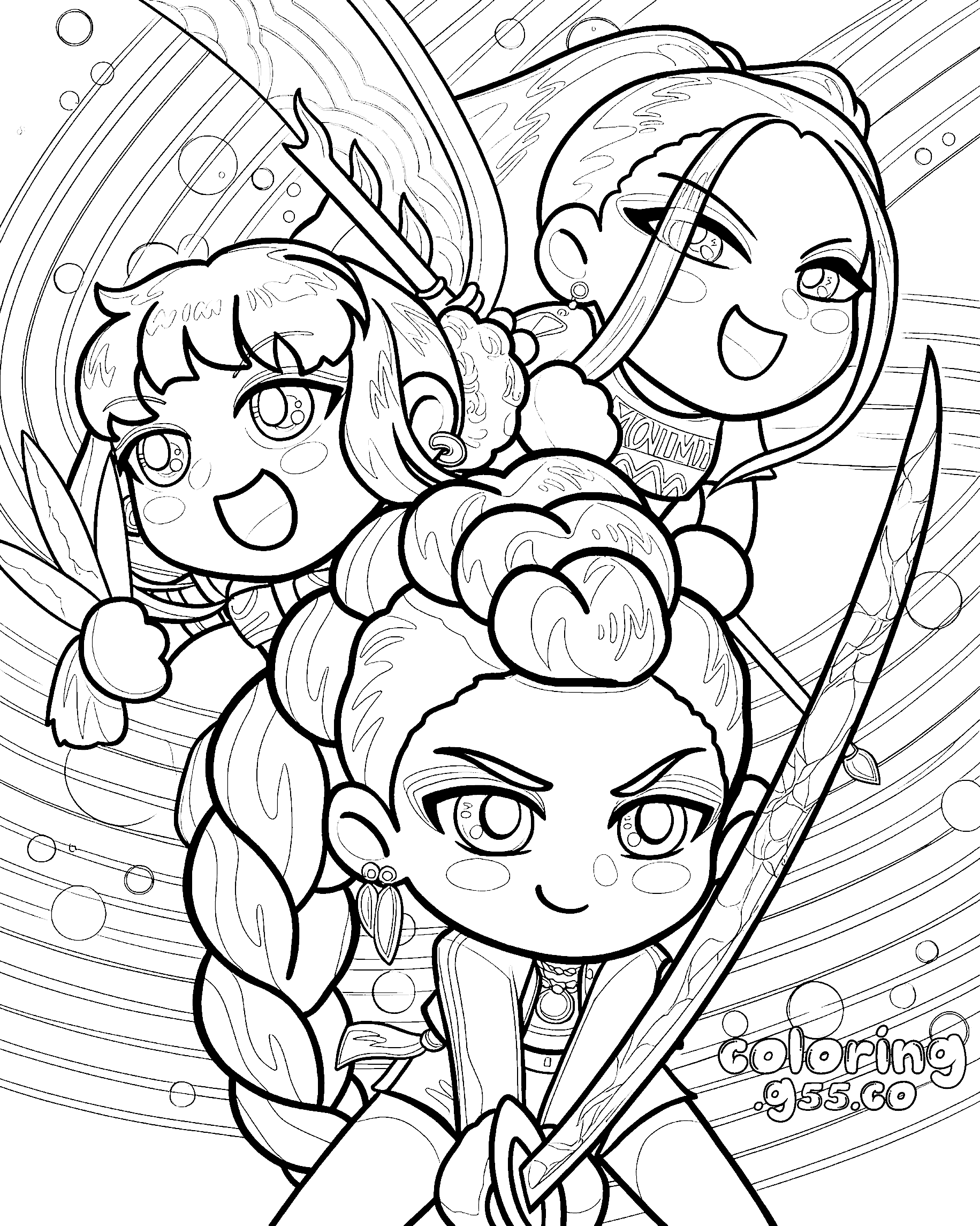 k pop demon hunters chibi battle attack line art for kids