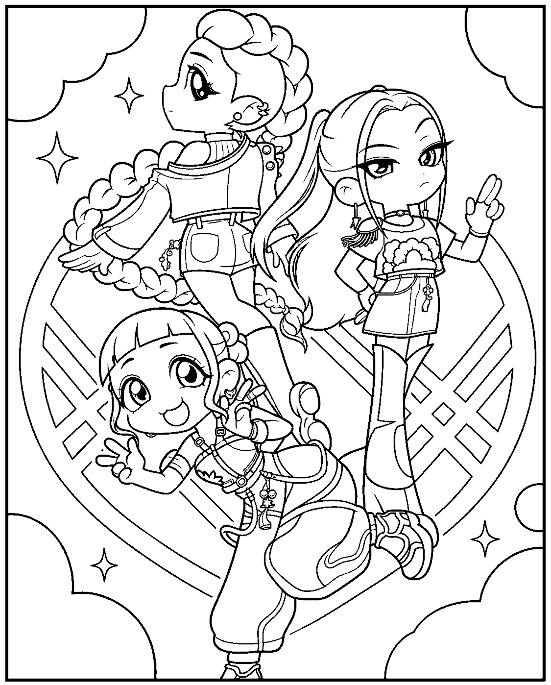 k pop demon hunters chibi group girls line art for kids