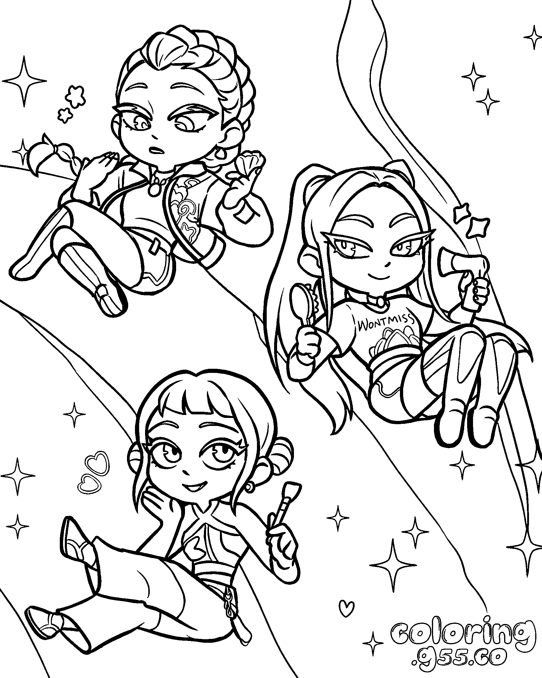 k pop demon hunters chibi trio beauty routine line art for kids
