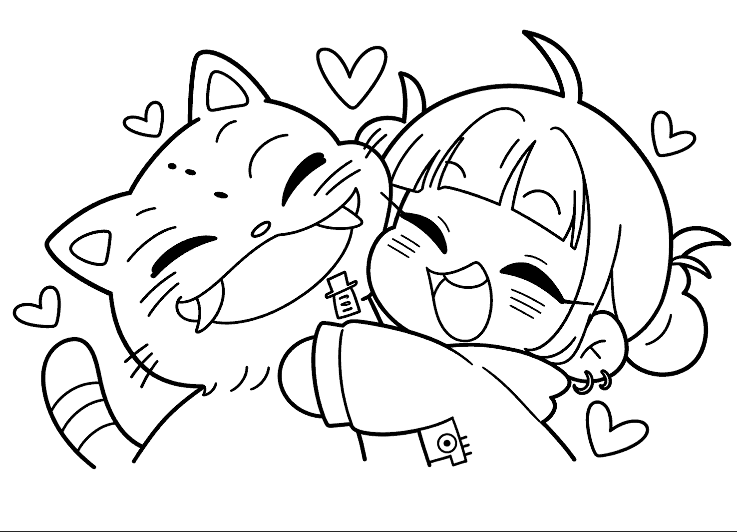 k pop demon hunters chibi zoey hugging derpy tiger line art for kids