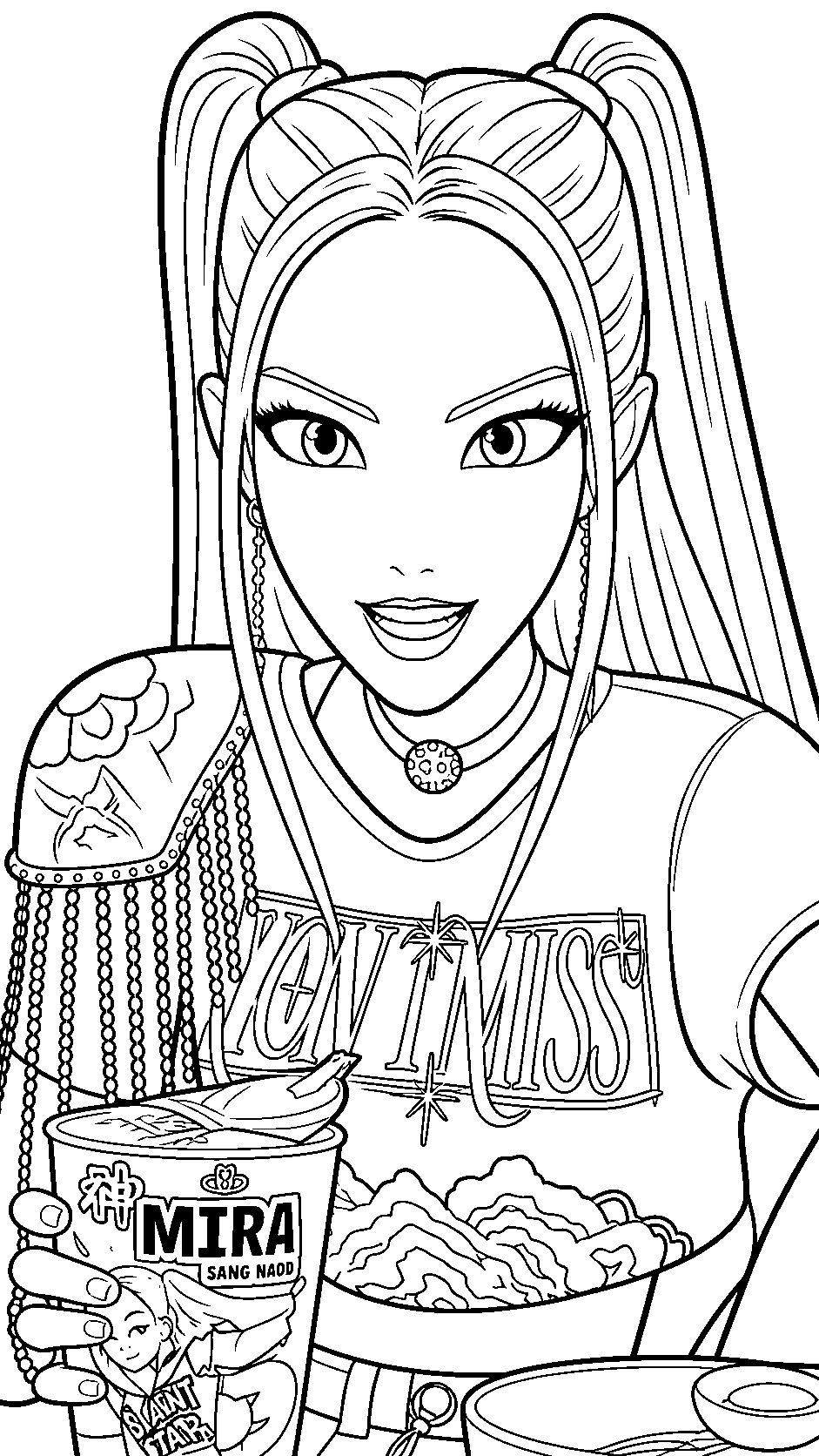 k pop demon hunters mira eating ramen line art for kids