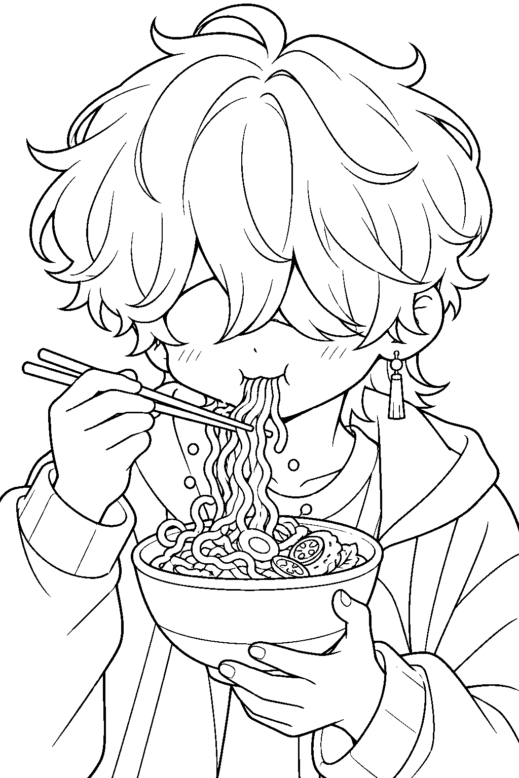 kpop demon hunters baby saja eating spicy noodles line art