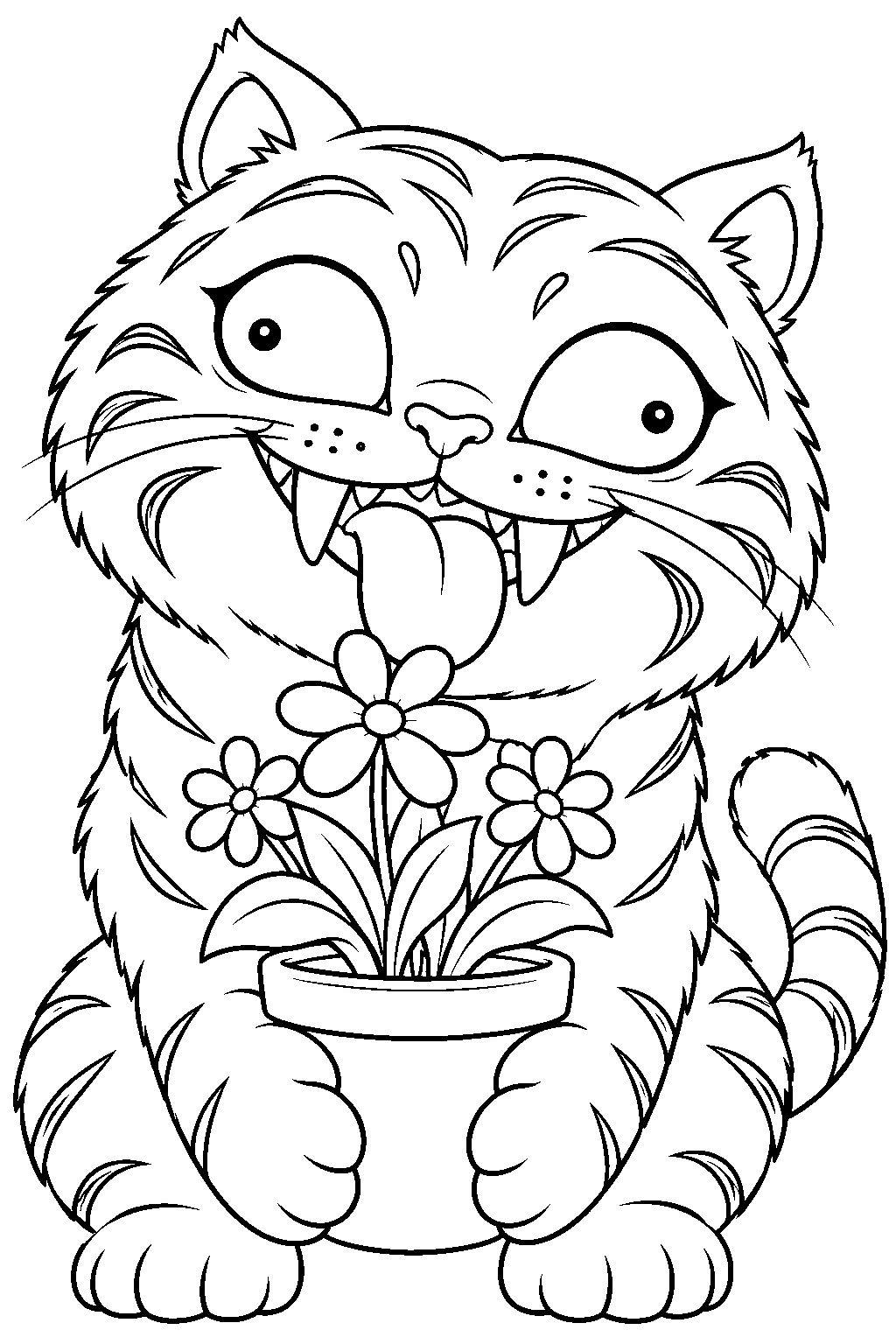 kpop demon hunters derpy tiger with a flowerpot line art