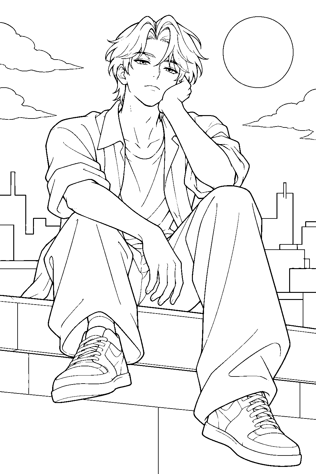 kpop demon hunters jinu sitting on a rooftop line art