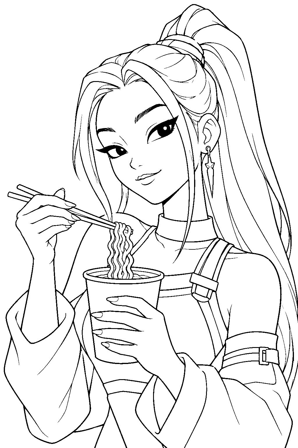 kpop demon hunters mira holding a noodle cup line art