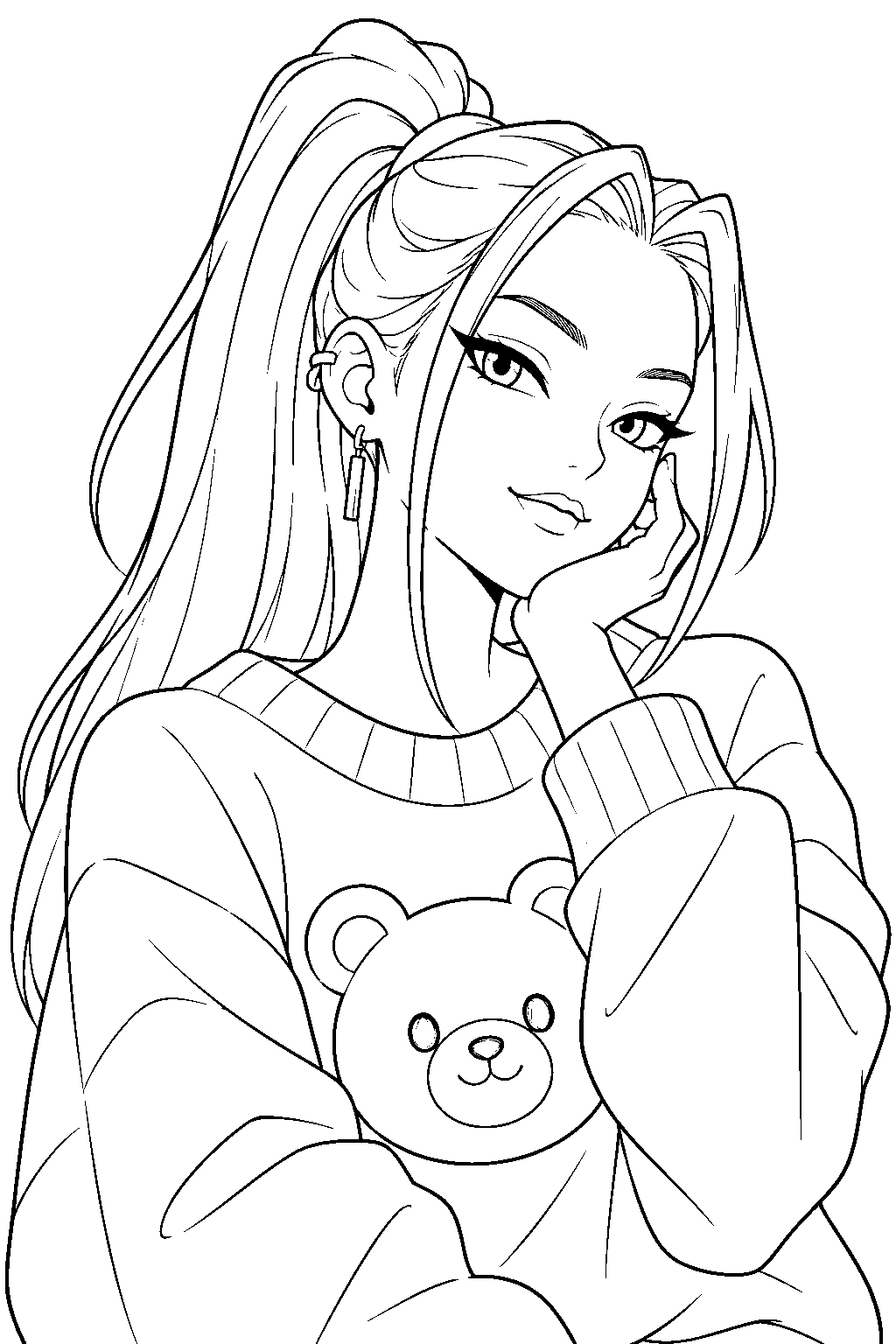 kpop demon hunters mira in a bear sweater line art