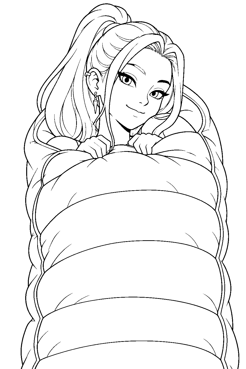 kpop demon hunters mira in a sleeping bag line art