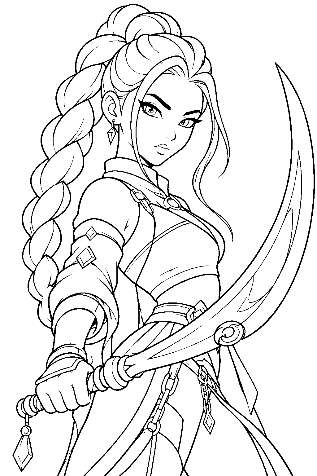 kpop demon hunters mira with a curved moon sword line art