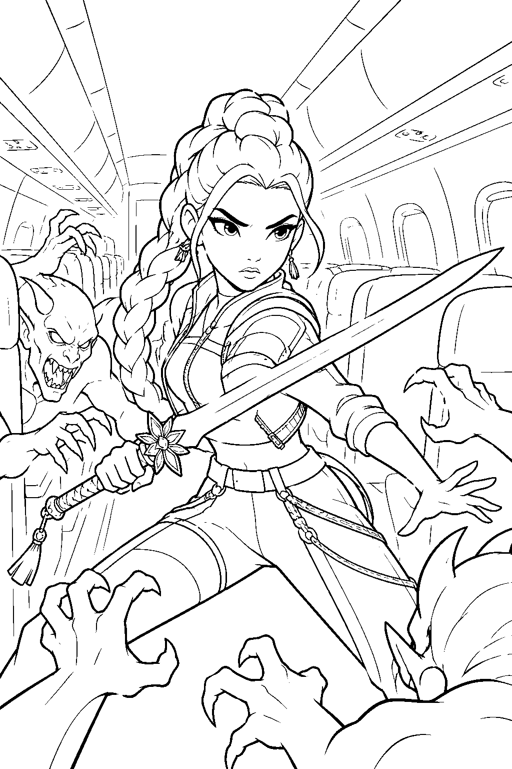 kpop demon hunters rumi fighting demons on an airplane line art