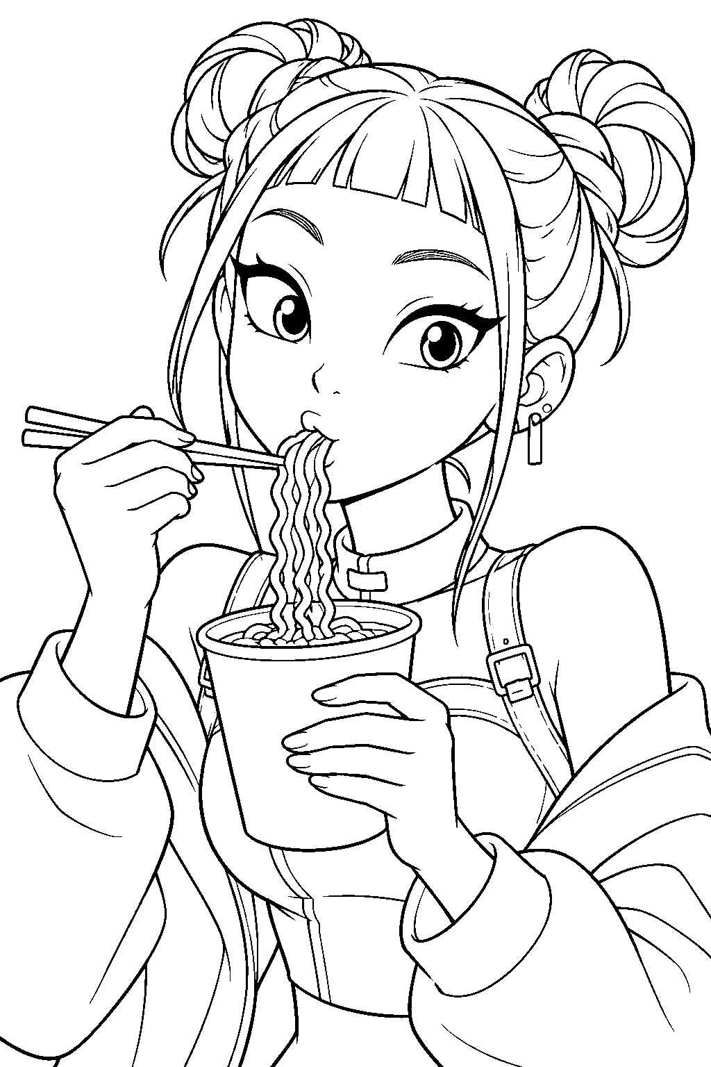 kpop demon hunters zoey eating cup noodles line art