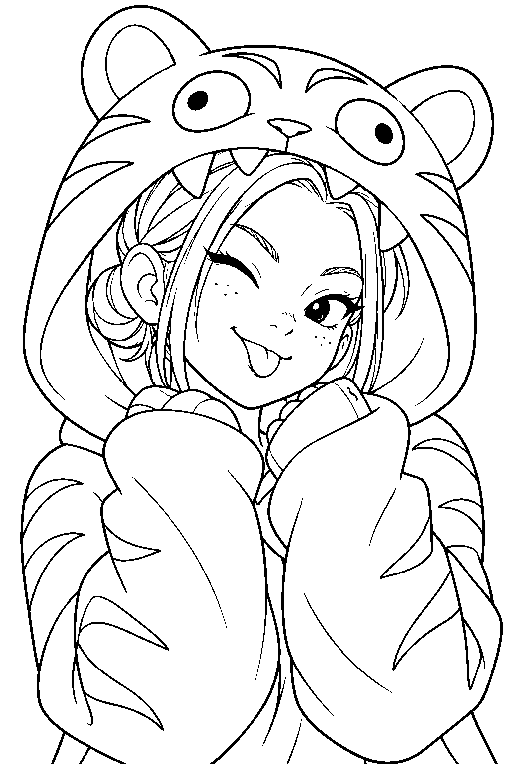 kpop demon hunters zoey in a derpy tiger hoodie line art