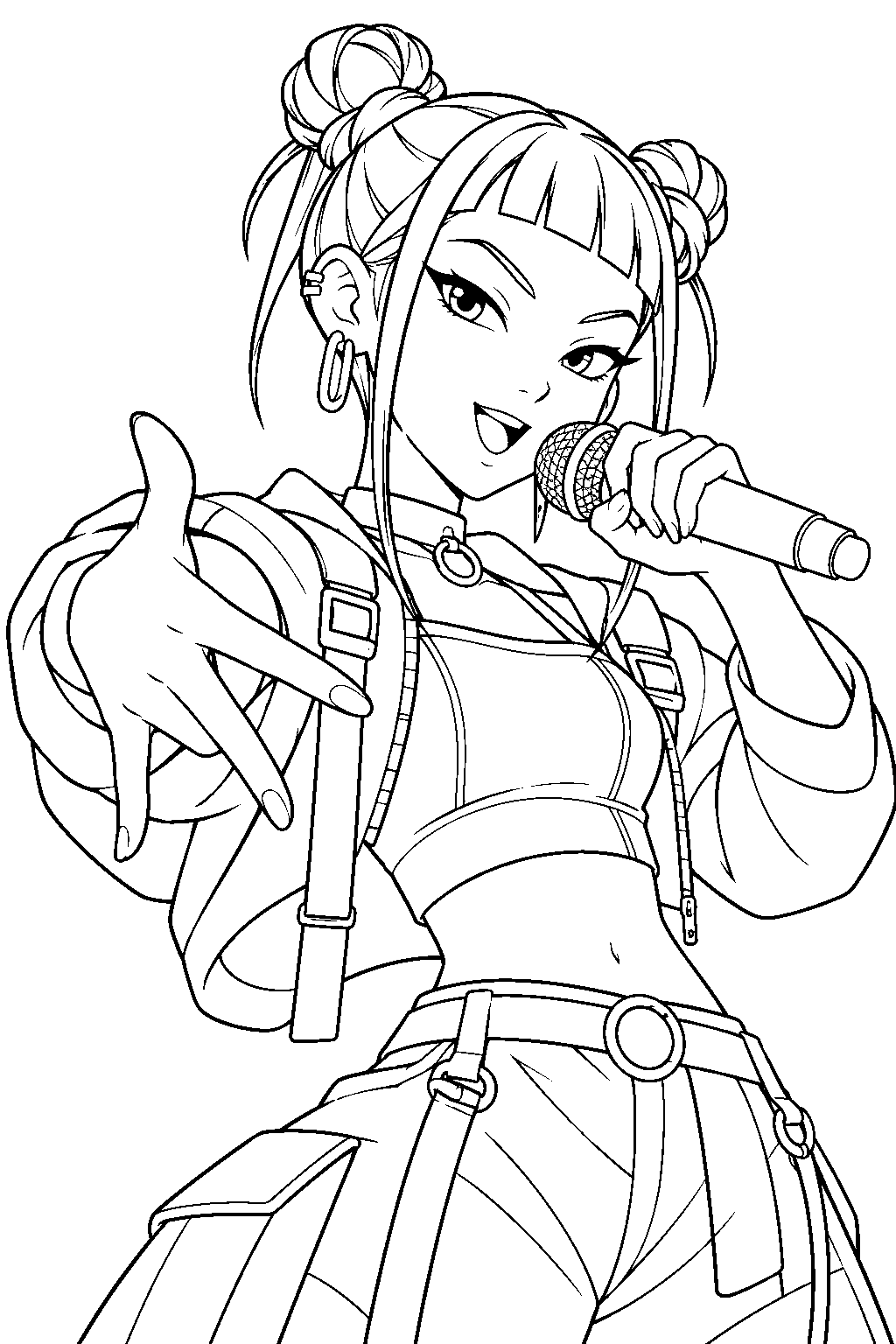 kpop demon hunters zoey rapping with a microphone line art