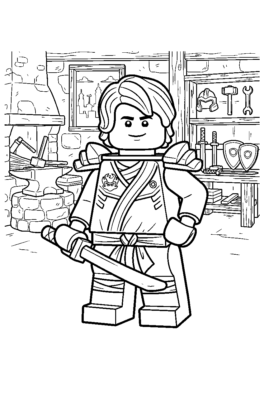lego ninjago lloyd in royal blacksmith shop line art