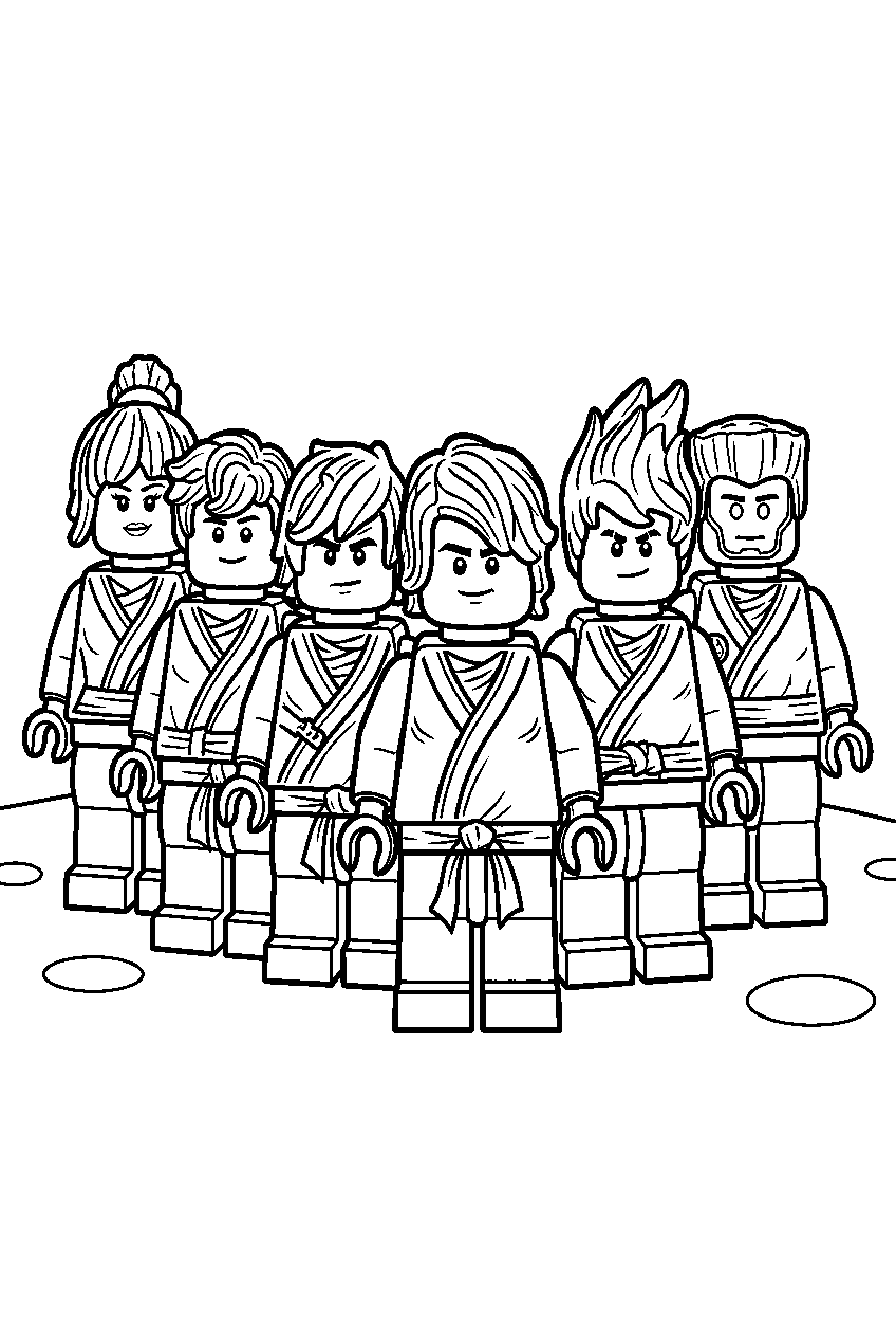 lego ninjago all ninjas team with lloyd kai jay cole zane and nya line art