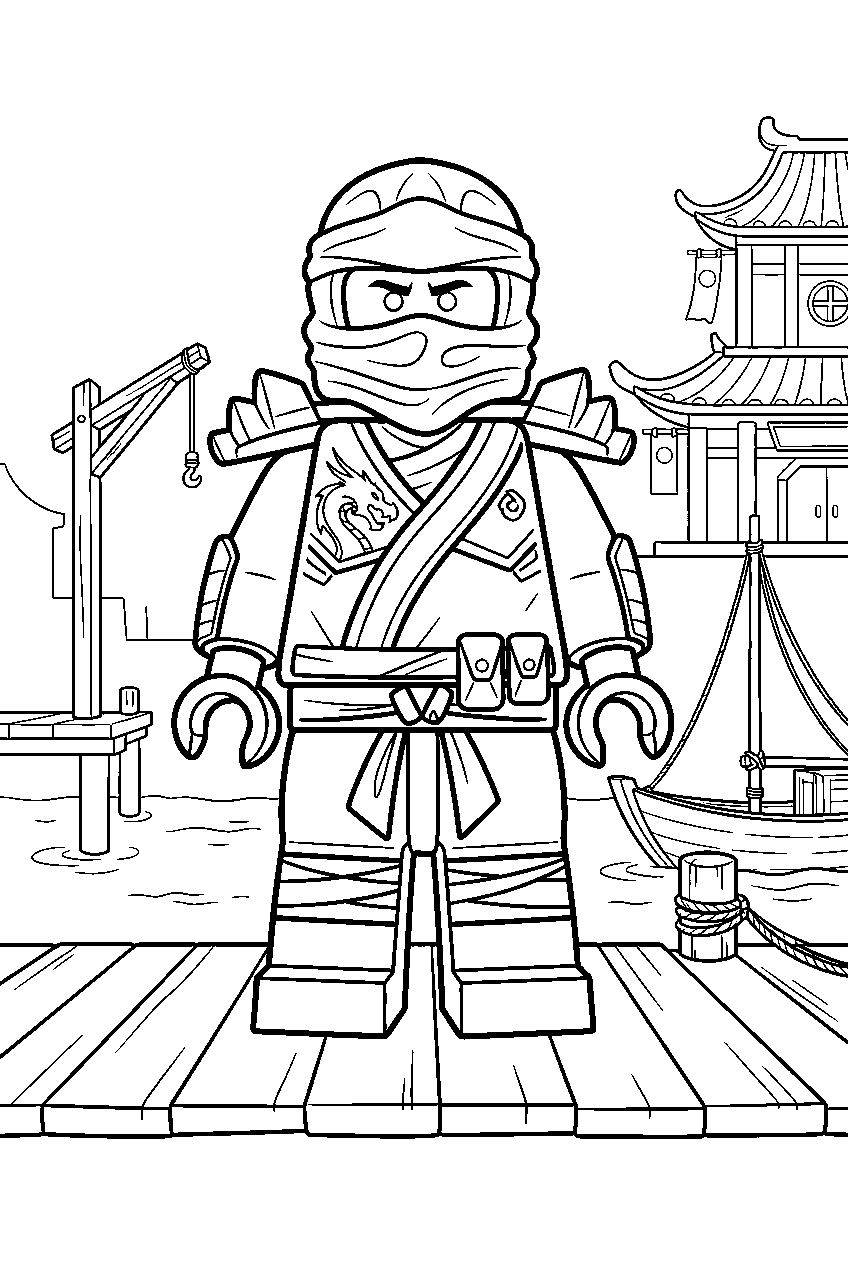 lego ninjago characters at city docks line art