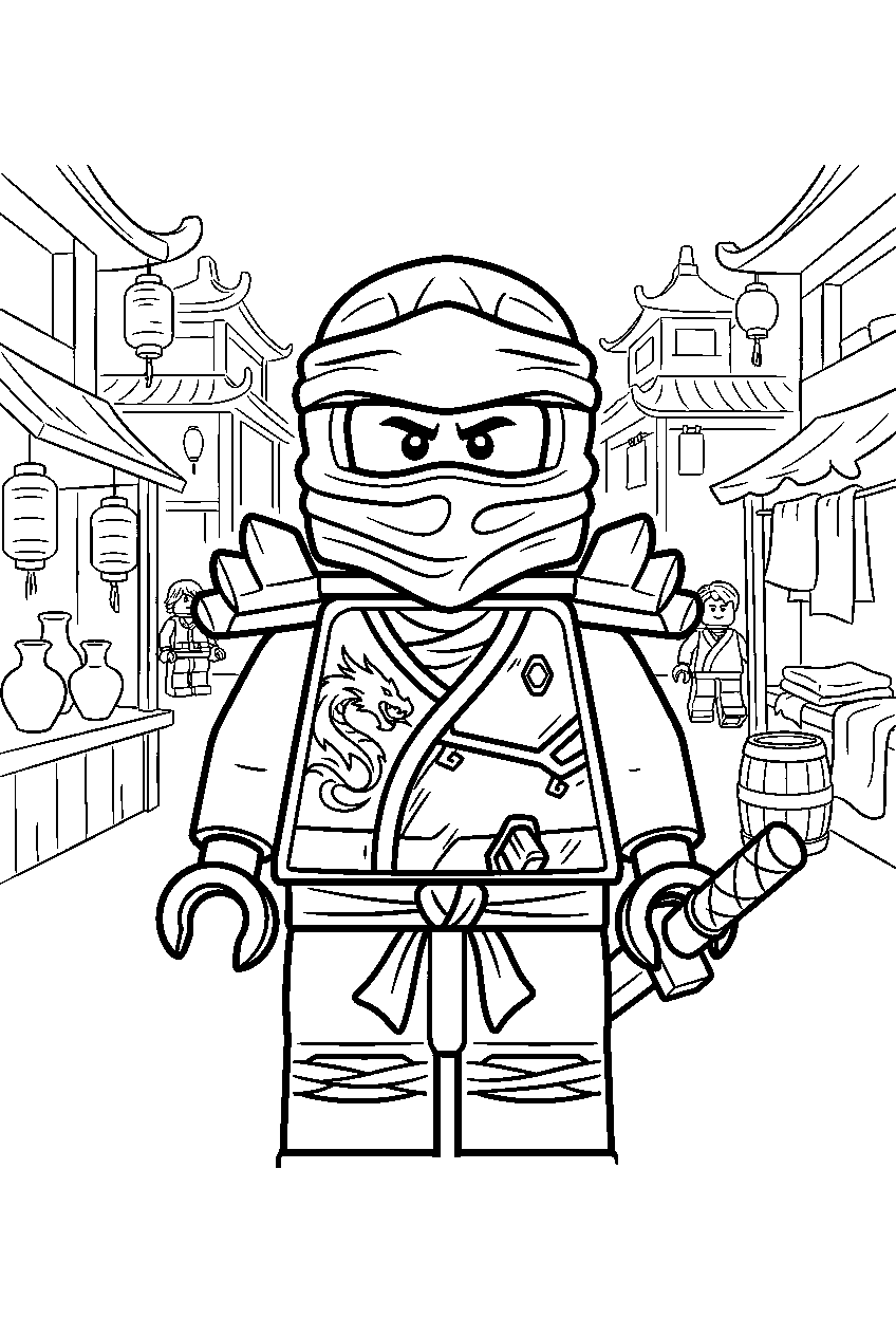 lego ninjago characters in city marketplace line art