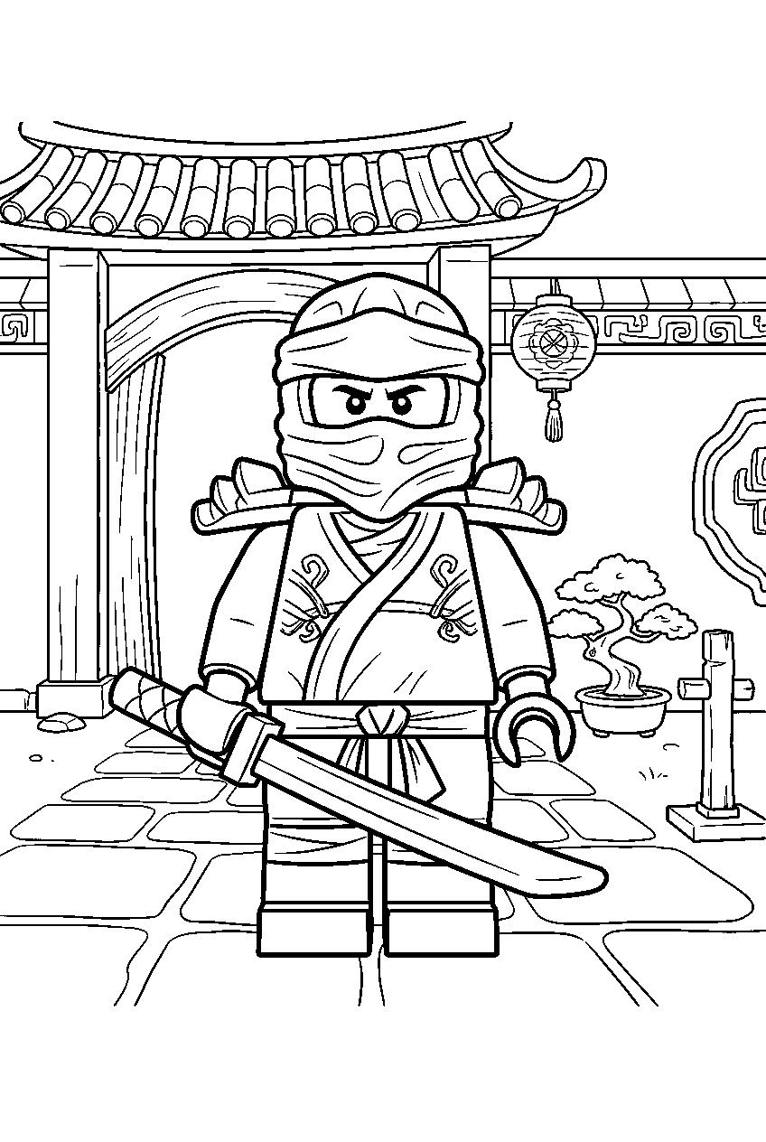 lego ninjago characters in monastery courtyard line art
