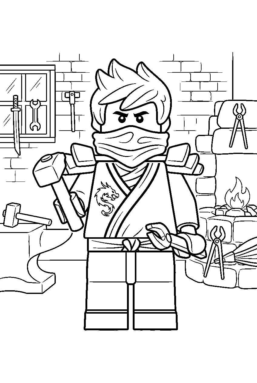 lego ninjago characters in royal blacksmith shop line art