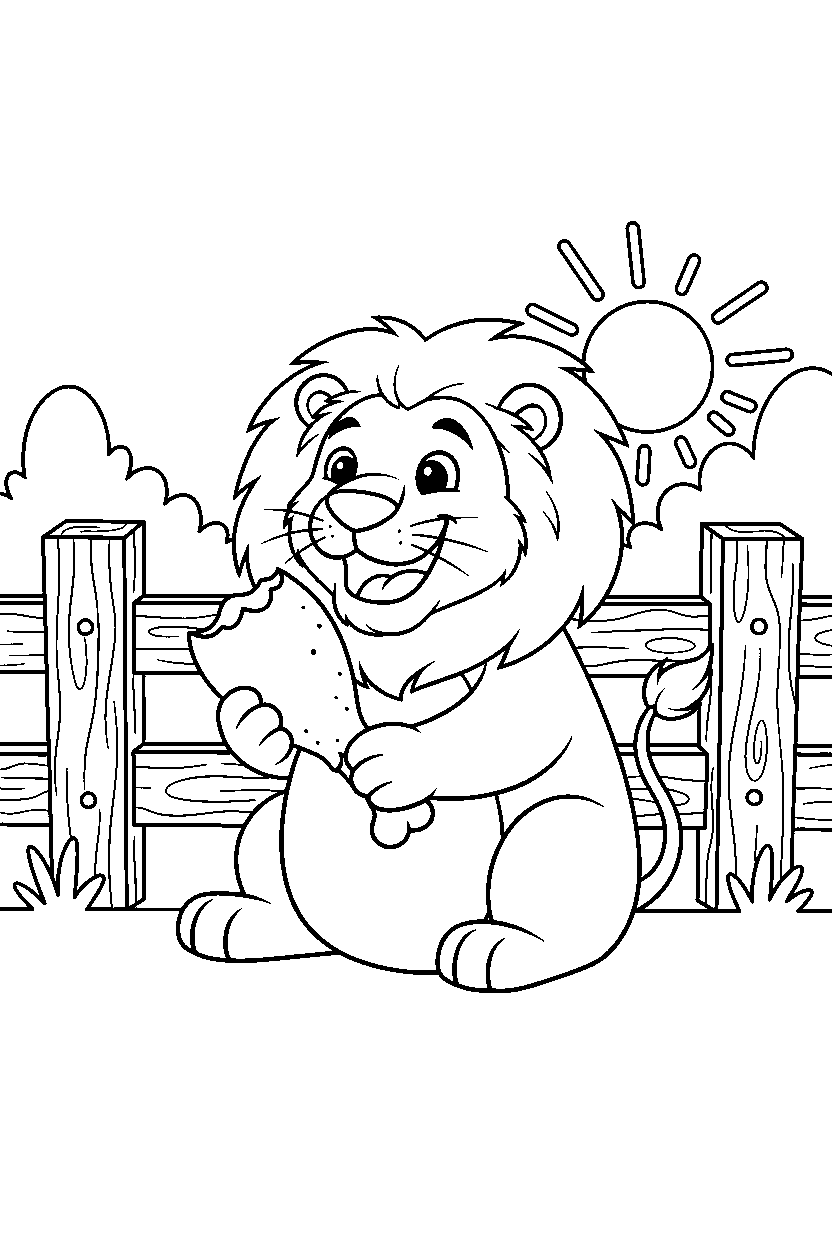 lion eating happily near a wooden fence line art