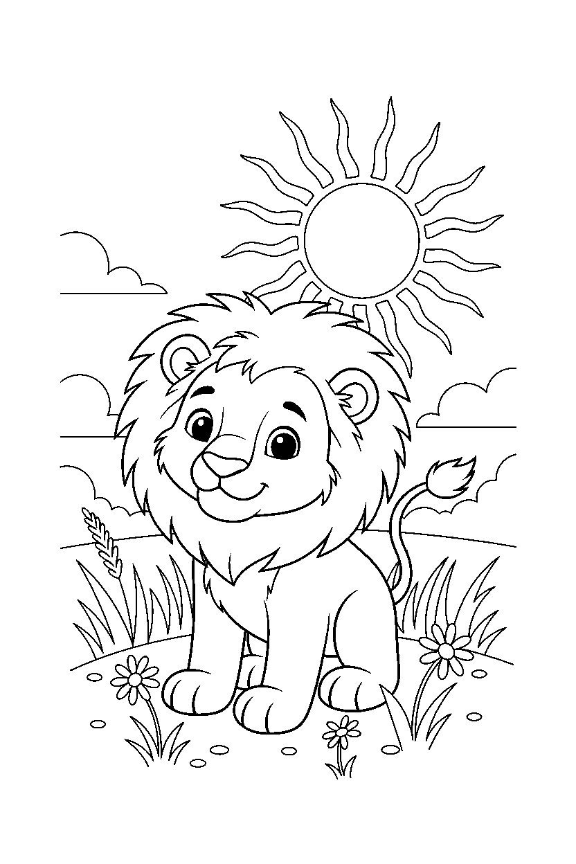 lion looking curious in a sunny meadow line art