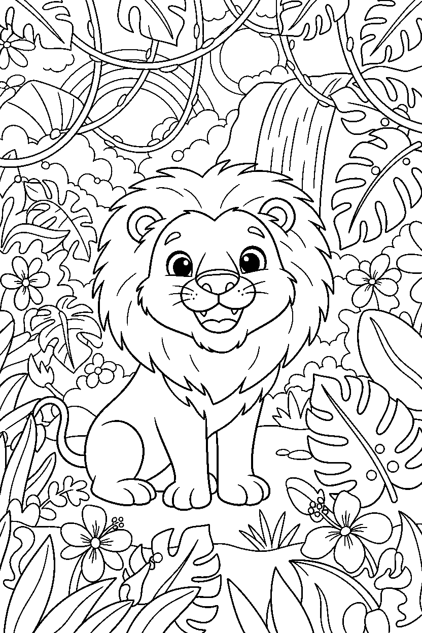 lion looking happy in the rainforest line art