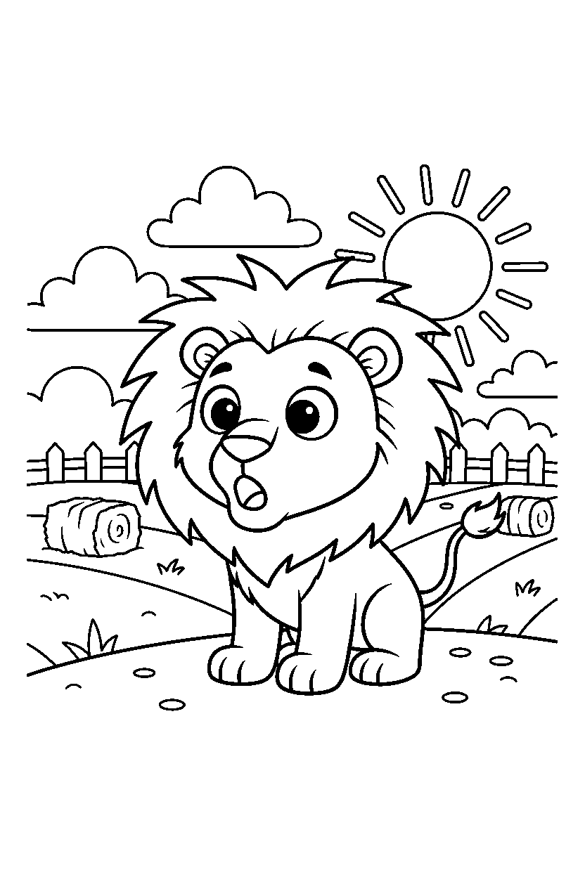 lion looking surprised in a farm field line art